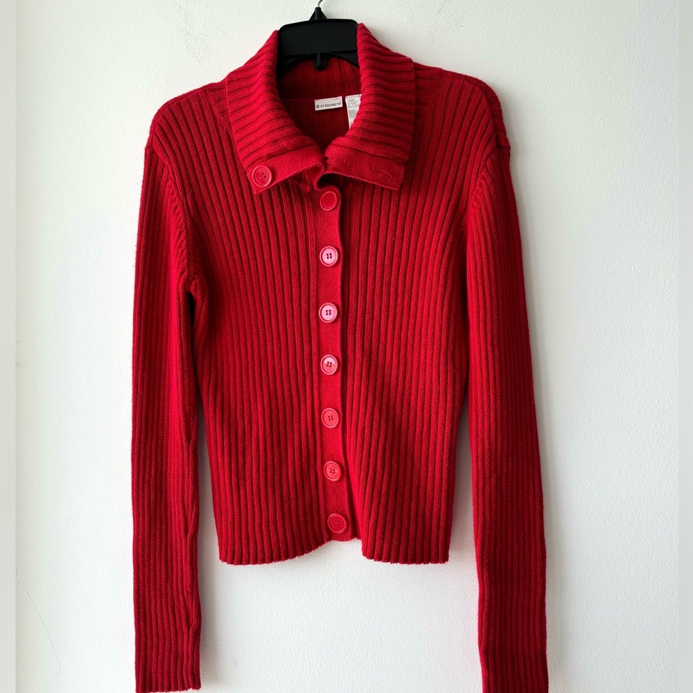 90s No Boundaries Cardigan Sweater Womens Red Ribbed Knit Size L Preppy Academia